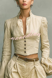 Linen-blend Long-sleeved Button-down Top and Relaxed-pocket Wide-leg Pants Set