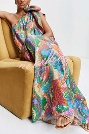 Rainbow Breeze Satin Unique Print Bow One Shoulder Loose Maxi Dress