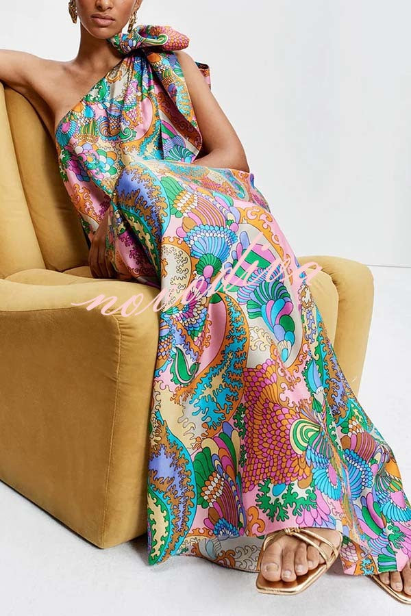 Rainbow Breeze Satin Unique Print Bow One Shoulder Loose Maxi Dress