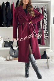 Solid Color Lapel Long Sleeve Waist Tie Long Coat