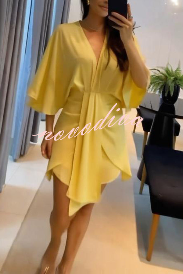 Solid Color V-Neck Half Sleeve Casual Irregular Mini Dress