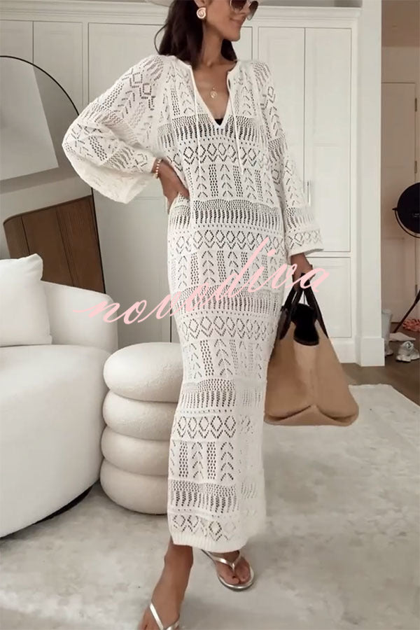 Hollie Knit Unique Pattern Tie-up Long Sleeve Cover-Up Midi Dress