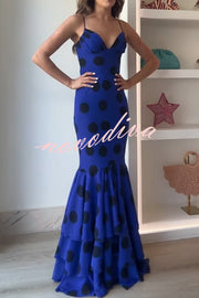 Eliora Mesh Polka Dot Print Gathered Bust Layered Fishtail Hem Maxi Dress