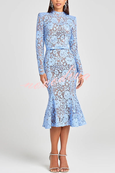 Feminine and Elegant Flower Lace Long Sleeve Bow Belted Flare Midi Dress