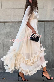 Fashionable V-neck Lace-up Ruffled Double-layer Hem Maxi Dress
