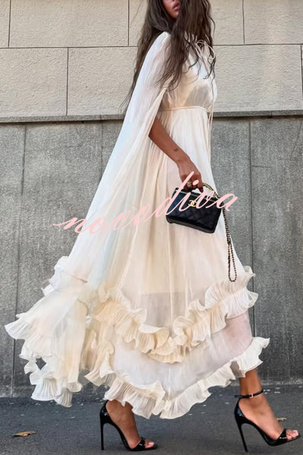 Fashionable V-neck Lace-up Ruffled Double-layer Hem Maxi Dress