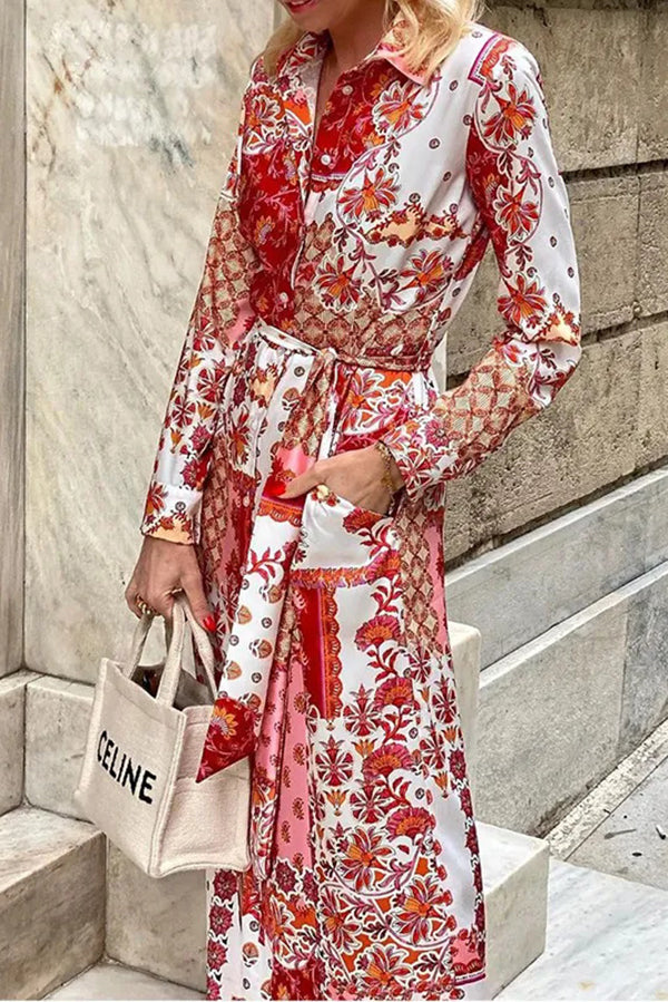 Bohemian Style Unique Printed Shirt Waist Tie Maxi Dress