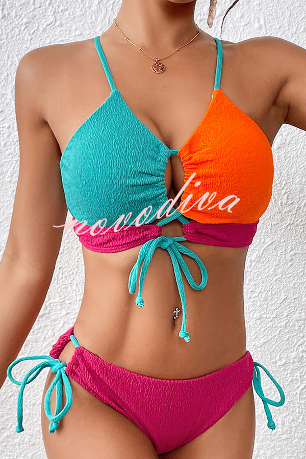 Fashion Contrast Color Sexy Cross Strap Stretch Two Piece Bikini Swimsuit