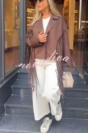 Western City Suede Long Tassels Long Sleeve Lapel Relaxed Jacket