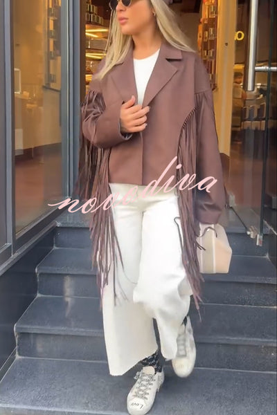 Western City Suede Long Tassels Long Sleeve Lapel Relaxed Jacket
