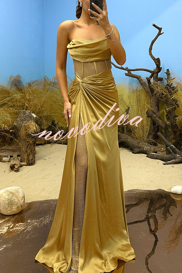 Essie Satin Rhinestone Patchwork Twist Waist Strapless Slit Maxi Dress