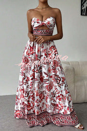 Floral Print Cutout Bandeau Top and Elastic Waist Full Maxi Skirt Set