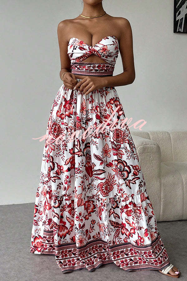 Floral Print Cutout Bandeau Top and Elastic Waist Full Maxi Skirt Set