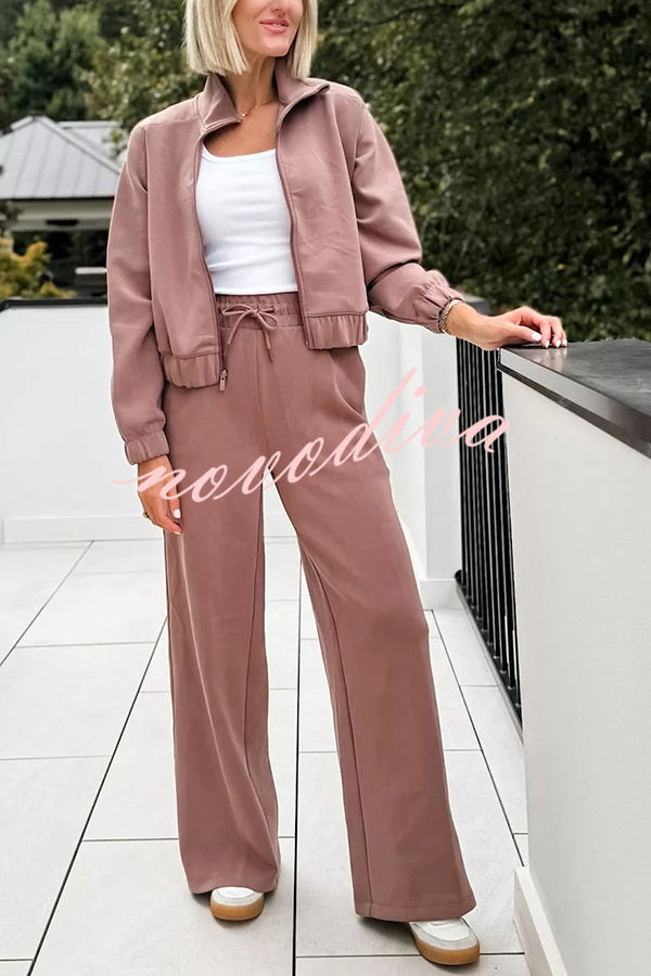 Airy Sleek Full Zip Jacket and High Rise Elastic Waist Pocket Wide Leg Sweatpants Set