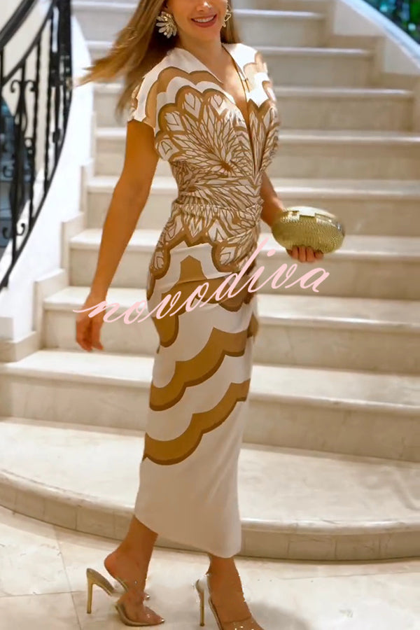 Feona Satin Unique Print V-neck Wide Sleeve Ruched Waist Slit Midi Dress
