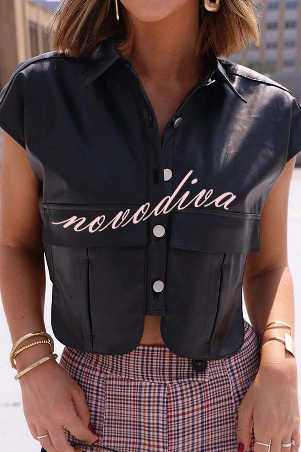 Fashion Faux Leather Pocket Sleeveless Cropped Jacket