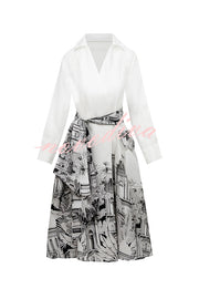 Jiles Linen Blend Unique Contrast Print Long Sleeve Tie-up Pocket Shirt Midi Dress