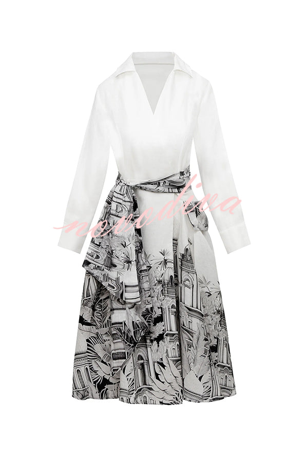 Jiles Linen Blend Unique Contrast Print Long Sleeve Tie-up Pocket Shirt Midi Dress