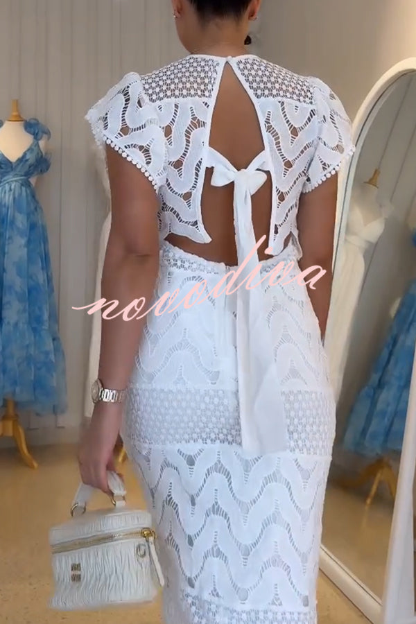 Elouise Wave Dot Embroidery Lace Back Tie-up Top and Elastic Waist Maxi Skirt Set