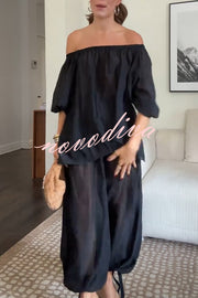 Comfortable Area Chiffon Off Shoulder Balloon Sleeve Top and Elastic Waist Knotted Bloomer Set