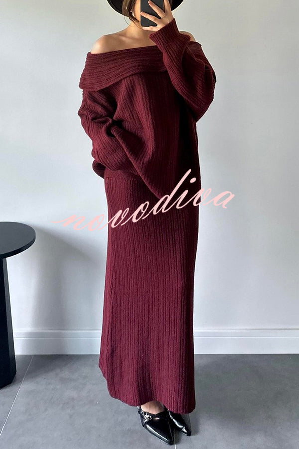 Luka Ribbed Knit Off Shoulder Long Sleeve Sweater and Stretch Maxi Skirt Set