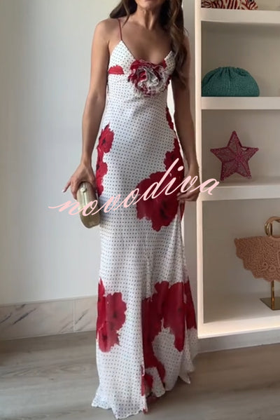 Vanna Poka Dot Floral Print 3D Flower Detail Slip Maxi Dress