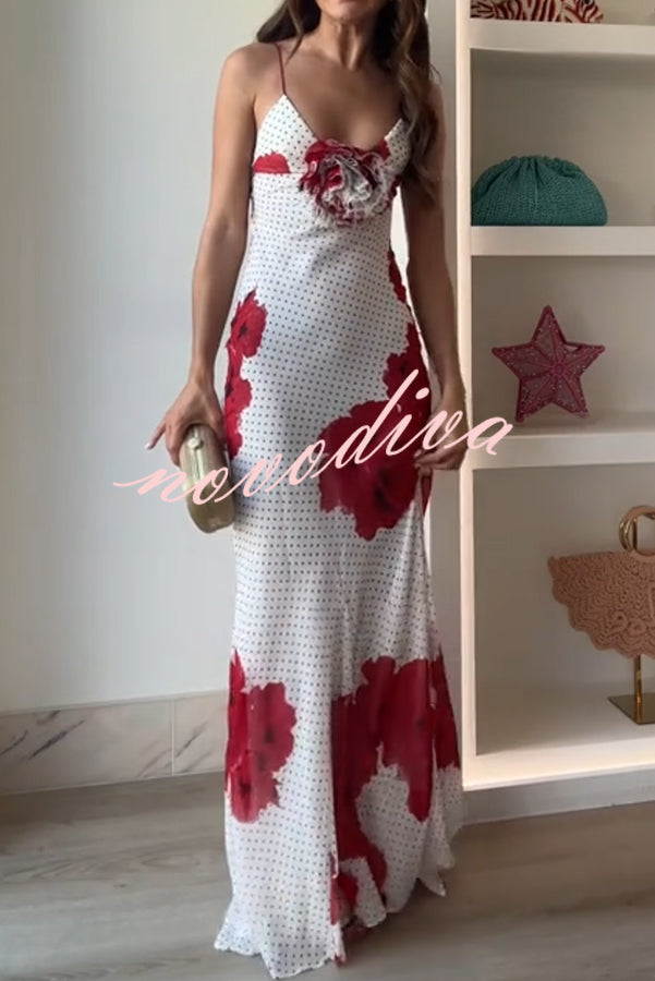 Vanna Poka Dot Floral Print 3D Flower Detail Slip Maxi Dress