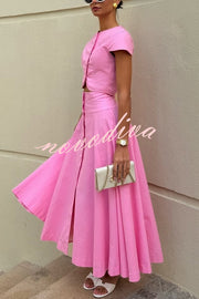 Solid Color Round Neck Button Crop Top and Elegant High Waist Slit Maxi Skirt Set