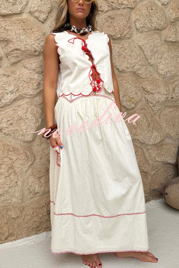 Sunny Day Linen Blend Contrast Embroidered Print Scallop Trim Lace-up Top