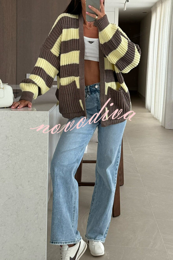 Fashionable Patchwork Striped Casual Pocket Knitted Sweater