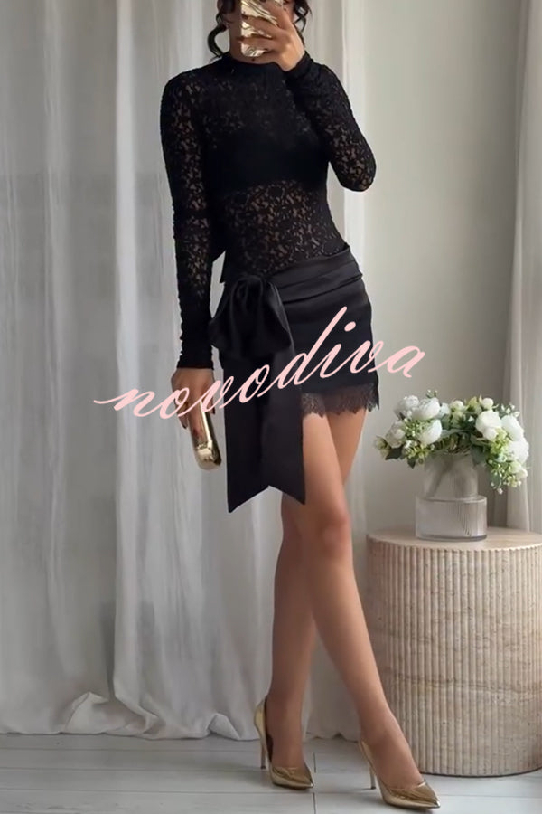 Anna Satin Bow Appliqué Mid Rise Lace Hem Mini Skirt