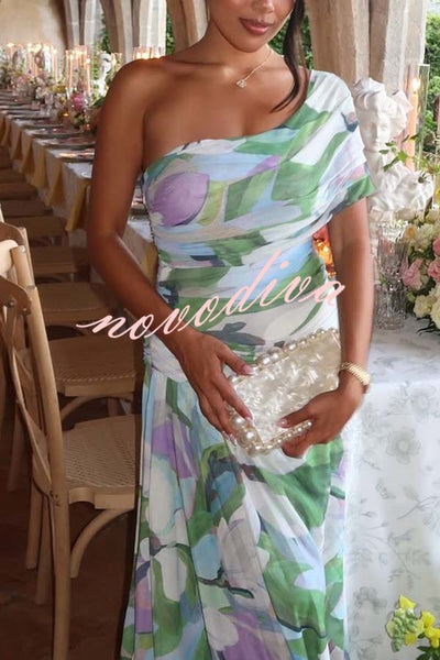 Sunshine and Wine Mesh Floral Print Off Shoulder Ruched Stretch Maxi Dress
