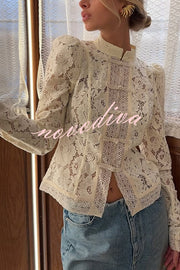 Fashion Hollow Lace Stand Collar Long Sleeve Slim Shirt