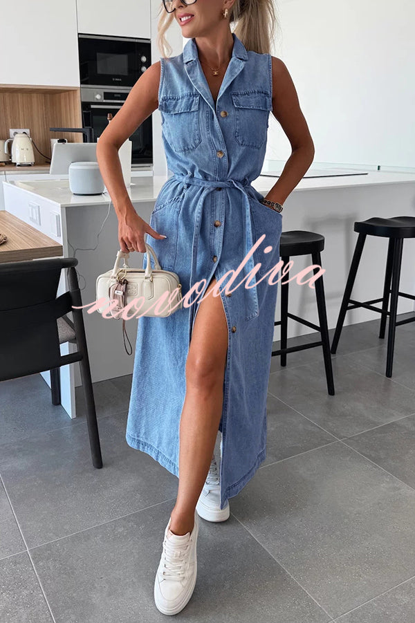 Solid Color Sleeveless Single Breasted Waist Tie Casual Pocket Denim Midi Dress