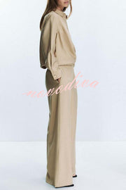 Juliette Cross-front Button Up Long Sleeve Shirt and Elastic Waist Pocket Loose Pants Set
