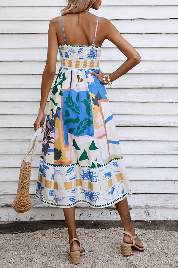 Tea Party Vibes Unique Print Pocketed Smocked Back Midi Dress