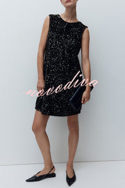 Glam Season Velvet Sequin Back Oversized Bow Design Sleeveless Loose Mini Dress