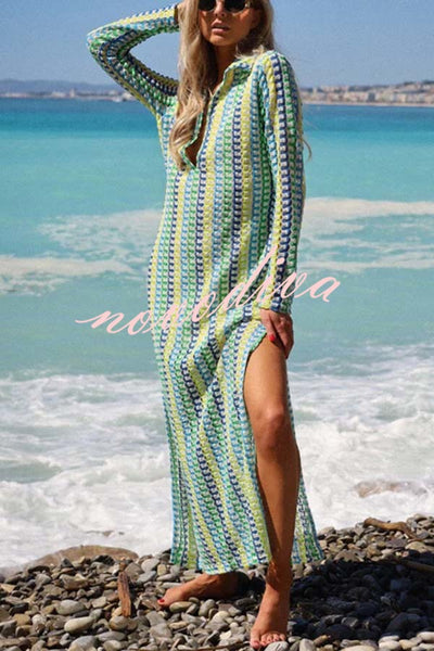 Eleanor Knit Colorful Wave Unique Print Shirt U-neck Long Sleeve Slit Maxi Dress