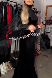 Eve Velvet Open Back Tassel Trim Long Sleeve Slit Maxi Dress