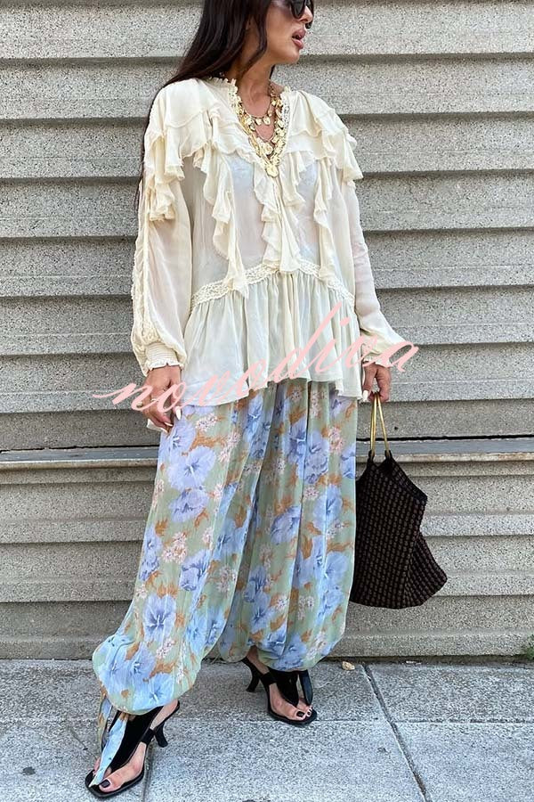 Autumn Boho Chiffon Lace Trim Ruffle Balloon Sleeve Blouse