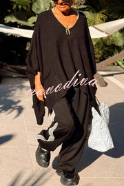 Fashion V-neck Loose Pocket Mid-length Knitted Sweater