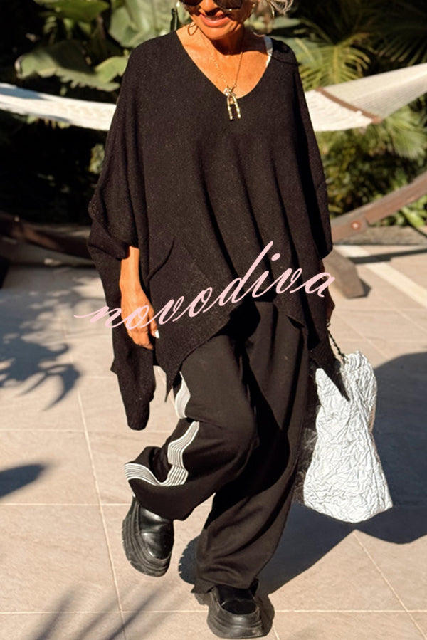 Fashion V-neck Loose Pocket Mid-length Knitted Sweater