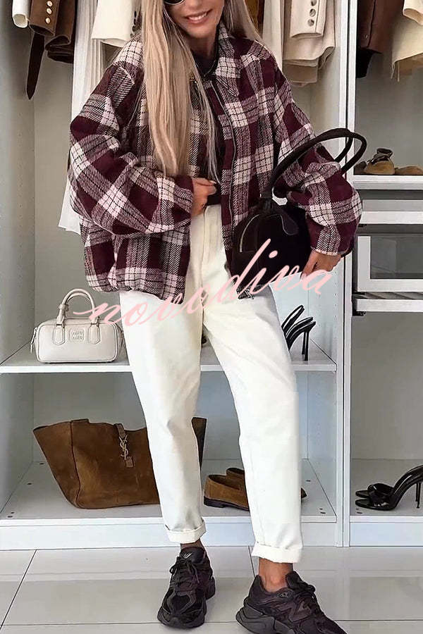 Fashion Plaid Print Lapel Long Sleeve Loose Zipper Jacket