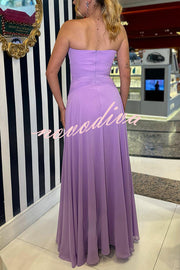 Lavender Scent Chiffon Ruched Strapless Removable Cape Maxi Dress