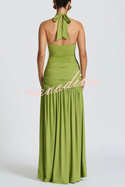Solid Color Halter Neck Backless Slim Fit Pleated Slit Maxi Dress