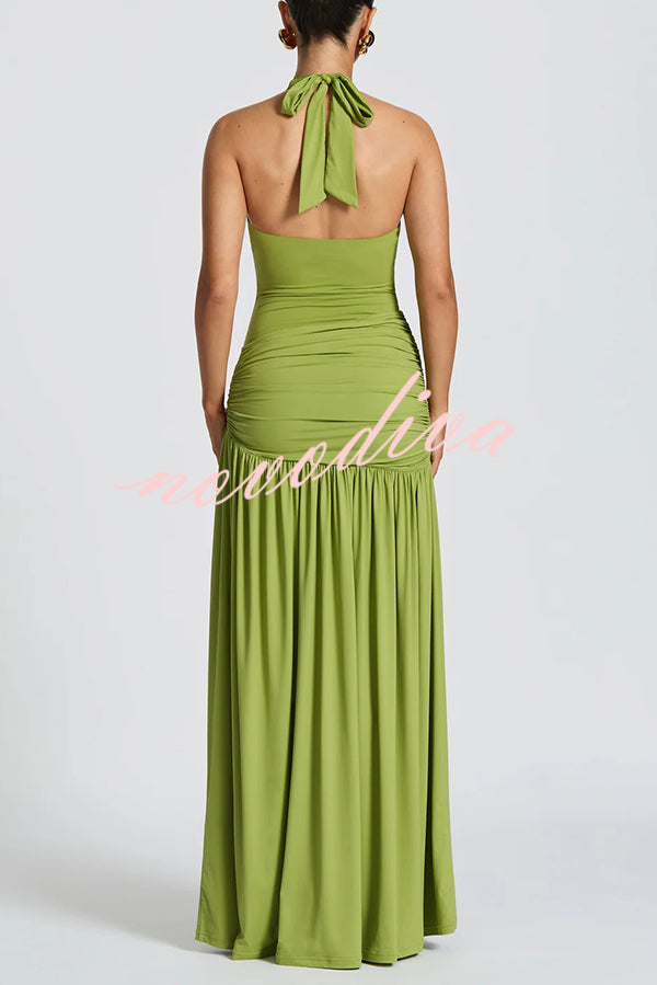 Solid Color Halter Neck Backless Slim Fit Pleated Slit Maxi Dress