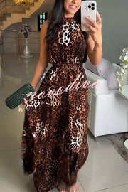 Leopard Print Sleeveless Waist Tie Maxi Dress