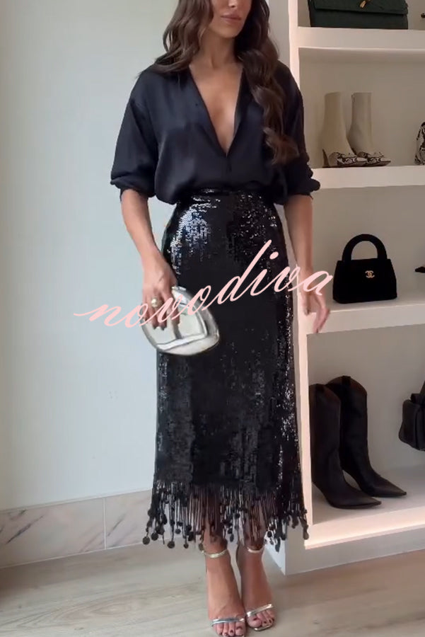 City Queen Sequin Tassel Round Pieces High Rise Back Zipper Midi Skirt