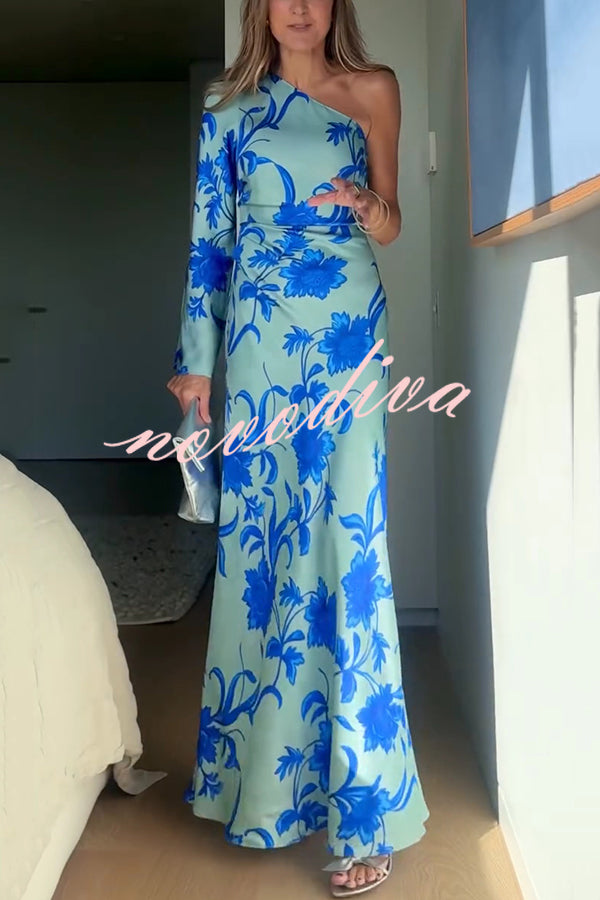 Satin Botanical Print One-Sleeve Resort Maxi Dress