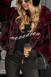 Winter Latte Gradient Print Ribbed Balloon Sleeve Hooded Loose Plush Coat